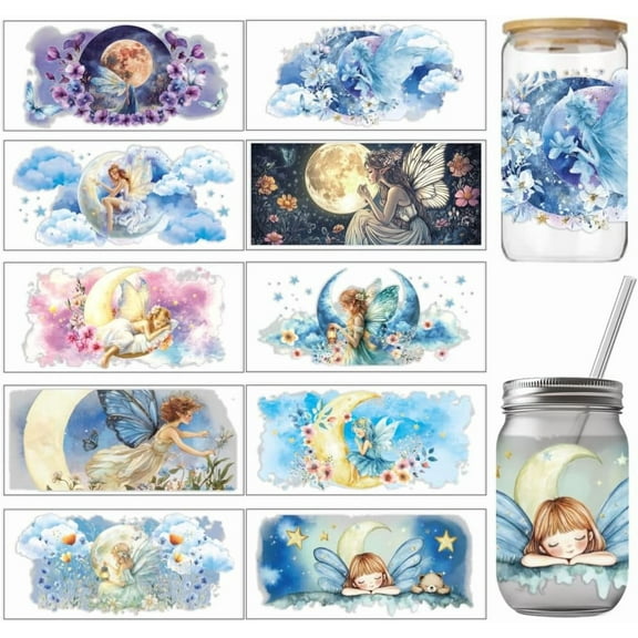 10 Sheets UV DTF Cup Wrap Transfer Stickers for Glass Moon with Fairy Rub on Transfers Decal for 16OZ Glass Cups Furniture Craft Wood DIY Crafts 24x11cm/9.4x11inch