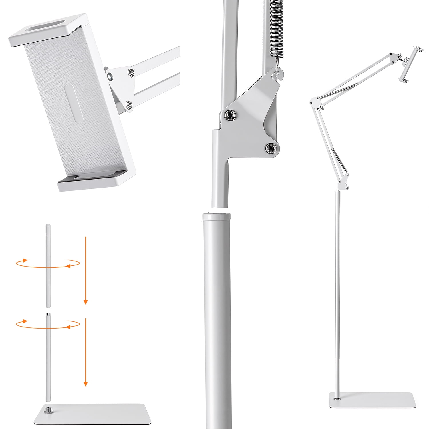 Hanru Tablet Floor Stand, 69" Height Adjustable 360-degree Rotatable Tablet Holder, Arm Stretchable Stand, Overhead Bed Phone Mount（4"~12.9''), White