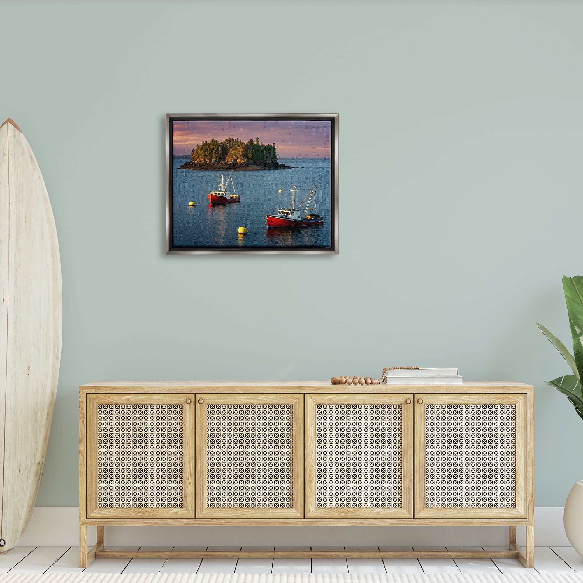 Stupell Boats Sailing Ocean Island Landscape Photography Gray Floater Framed Art Print Wall Art