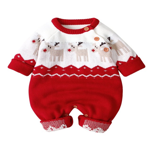 Combinaison de Noël Bébé en Tricot Cerf Imprimé Col à Manches Longues
