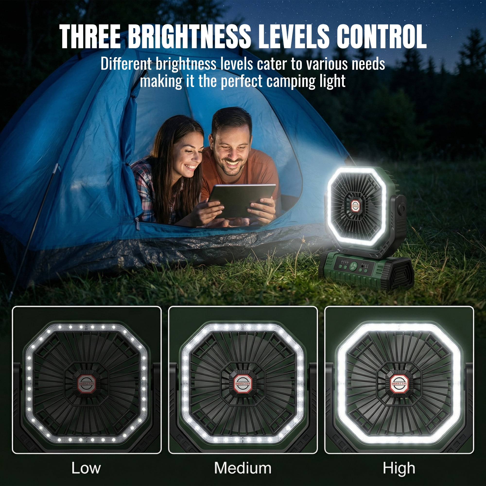 DAYBETTER Oscillating Camping Fan with LED Lantern, 20000mAh Rechargeable Timer Portable Fan with 4 Speed & 3 Brightness, Remote Control for Car Travel Camping Gear Emergency Power