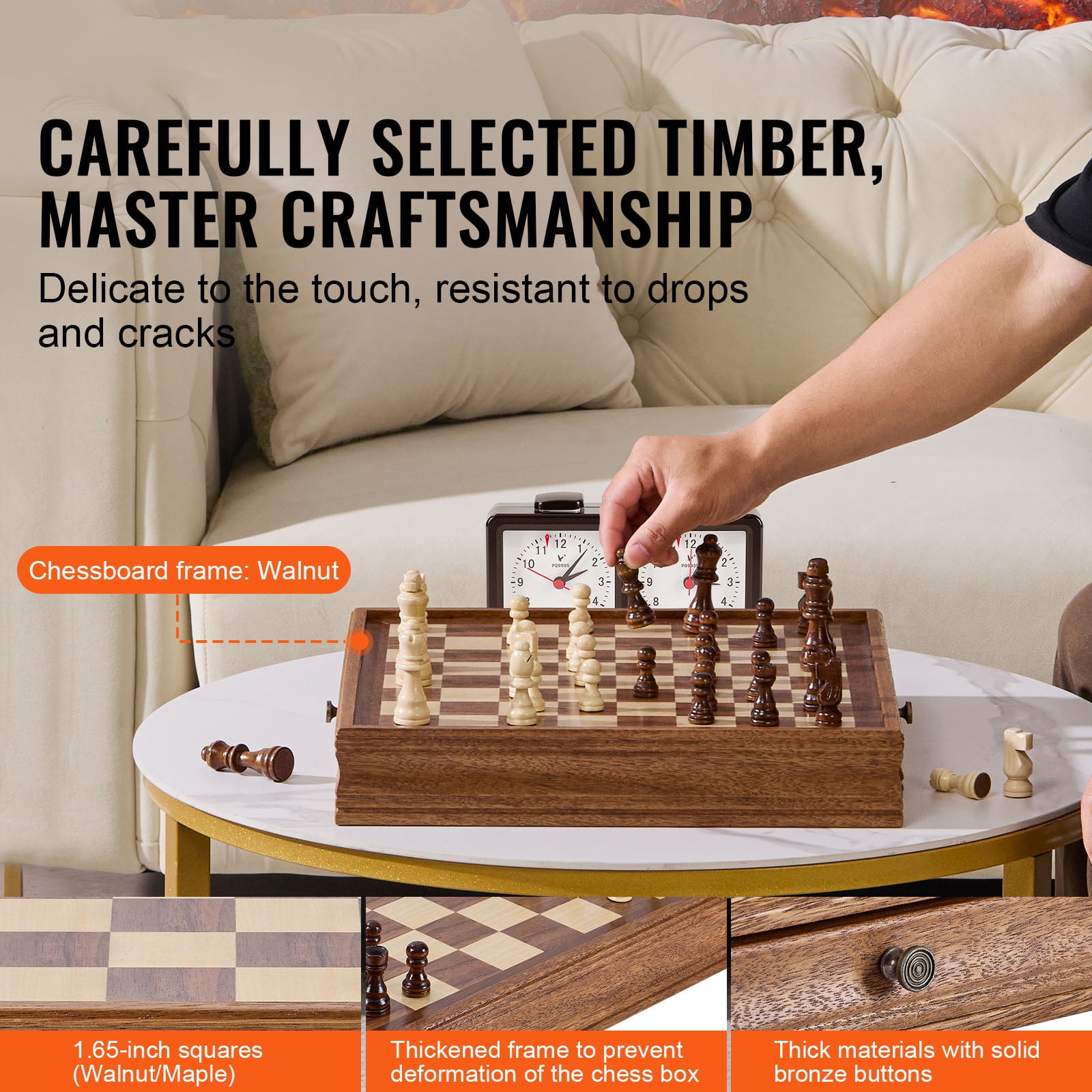 KFFKFF Chess Set Crafted from Solid Wood, 15 inch Dual-Function Chess and Checkers Game Set, Comes with Storage Drawer, Weighted Chess and Checkers Pieces, and Extra Queens