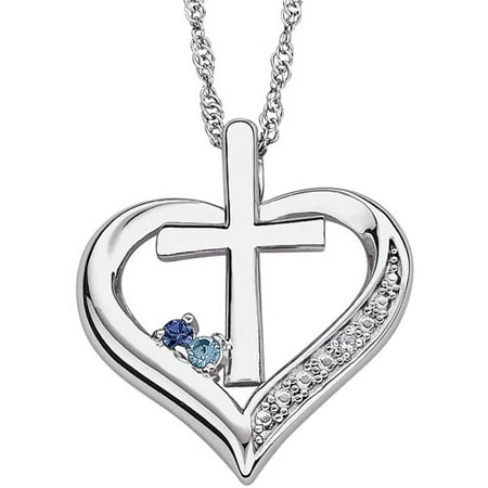 Personalized Couple's Diamond-Accent Sterling Silver Heart and Cross with Birthstones Pendant, 20"