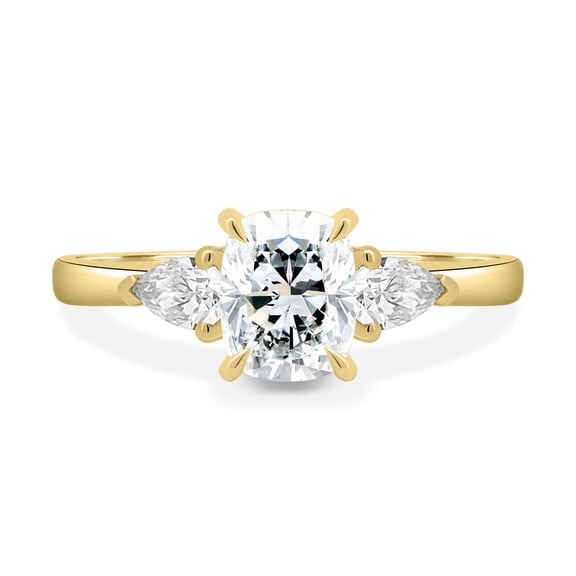 3.00Ct Elongated Cushion Moissanite Trilogy Ring, Pear Side Stones & Cathedral, 14K Yellow Gold