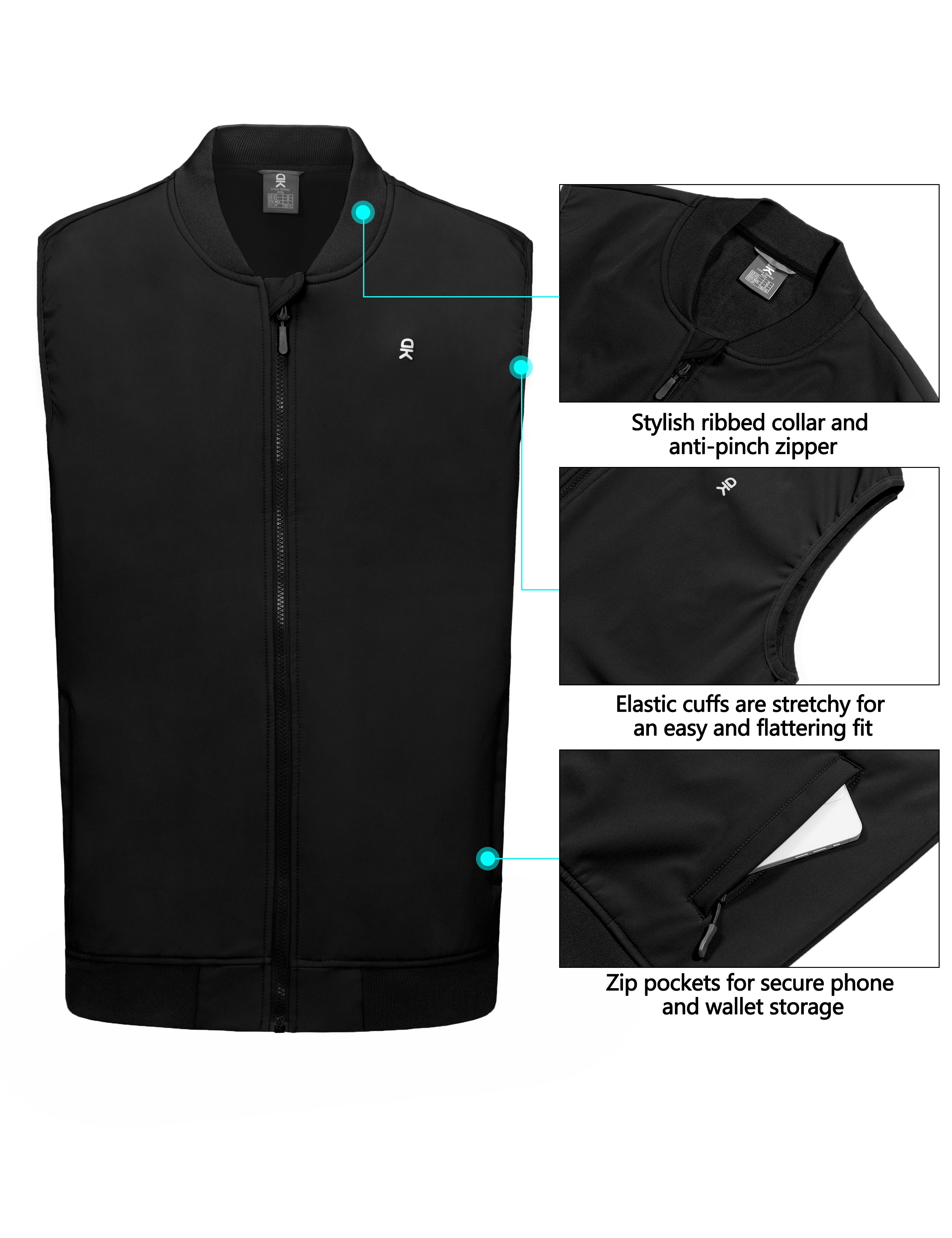 Little Donkey Andy Men’s Lightweight Softshell Vest Golf Outdoor Sleeveless Jacket Waterproof Windproof Winter Warm Fleece Lined Outerwear for Running Hiking Travel Casual Black XXL