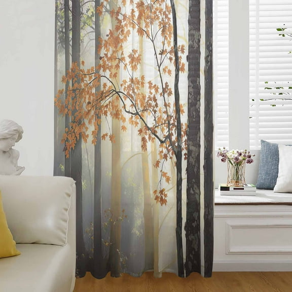 Orange Botanical Tree Semi Sheer Curtains Drapes for Living Room, Bedroom, French Doors Window 96 Inches Long, Farmhouse Forest Rod Pocket Chiffon Curtain Drapery Voile Draperies Panel