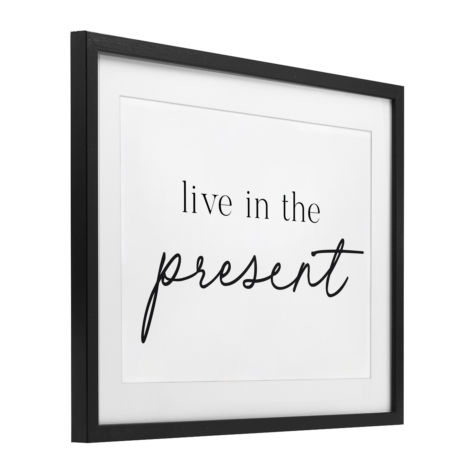 Live In The Present Black Framed Print Under Glass, design by Lettered and Lined