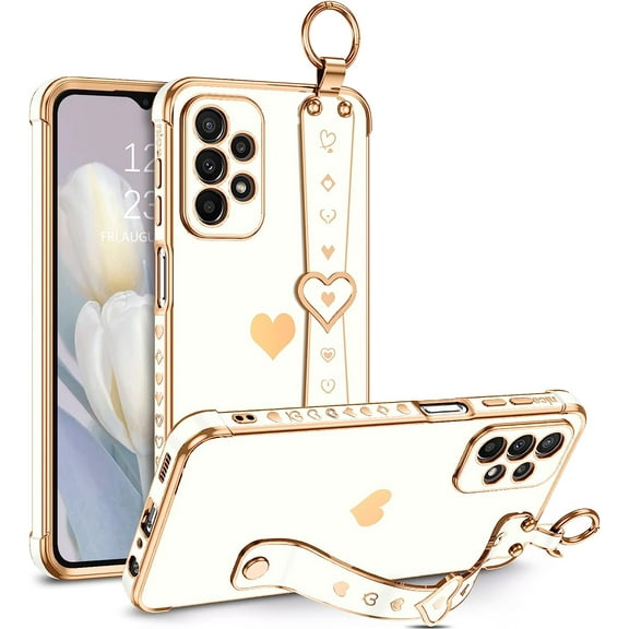 For Samsung Galaxy A23 Case with Wristband Kickstand Plating Love Heart Pattern Soft TPU Slim Cover Full Camera Lens Protection Shockproof Phone Case for Galaxy A23 4G/5G 6.6", White