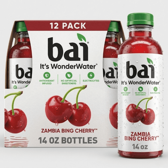 Bai Zambia Bing Cherry Antioxidant Infused Beverage Drink, 14 fl oz Bottles, Low Calorie Fruit Flavored Drink, Pack of 12