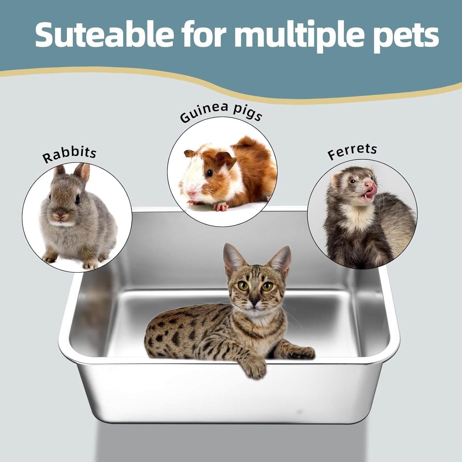 Stainless Steel  Litter Box - Large Metal High-Sided Pan for Cats, Pets, Non-Stick, Odor-Free, Easy to Clean, Splash-Proof, Durable (23.6" L x 15.8" W x 6" H)
