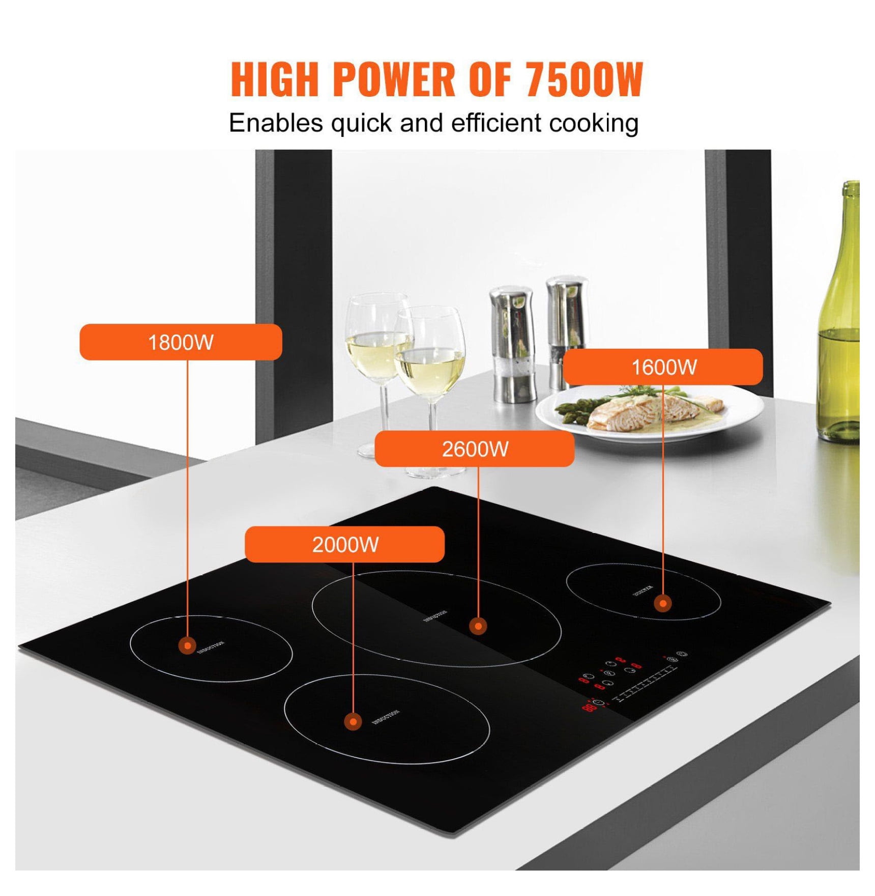 Electric Cooktop 30 Inch, 4 Burners Induction Stove Top 7500W, Built-in Magnetic Cooker, 9 Heat Levels, LED Touch Control, Child Lock & Overheat Protection