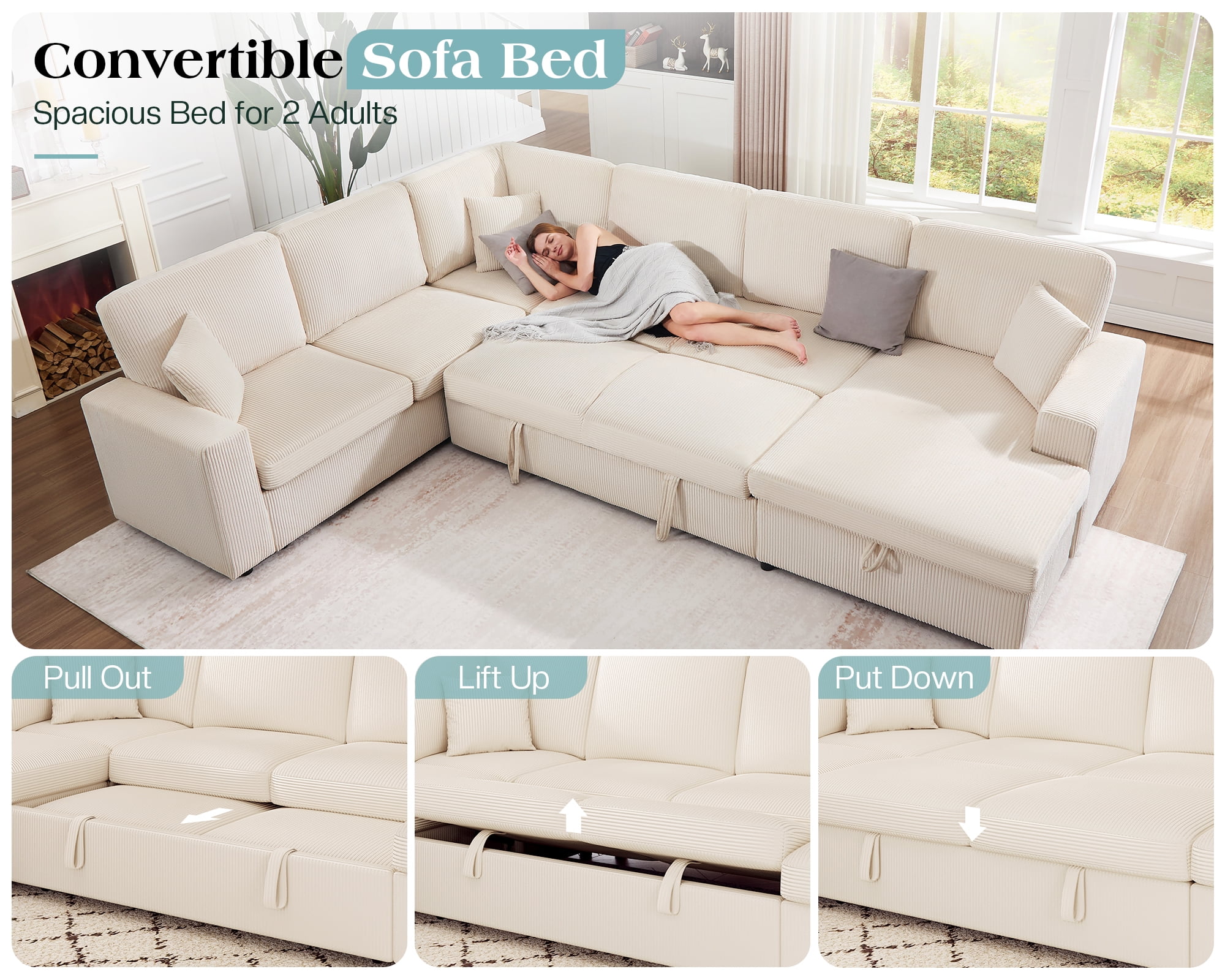 VanAcc 130" Sofa Bed, Sectional Sleeper Sofa with Pull Out Bed, Sleeper Couch with Storage, 6 Seater Couch for Living Room, Corduroy Beige