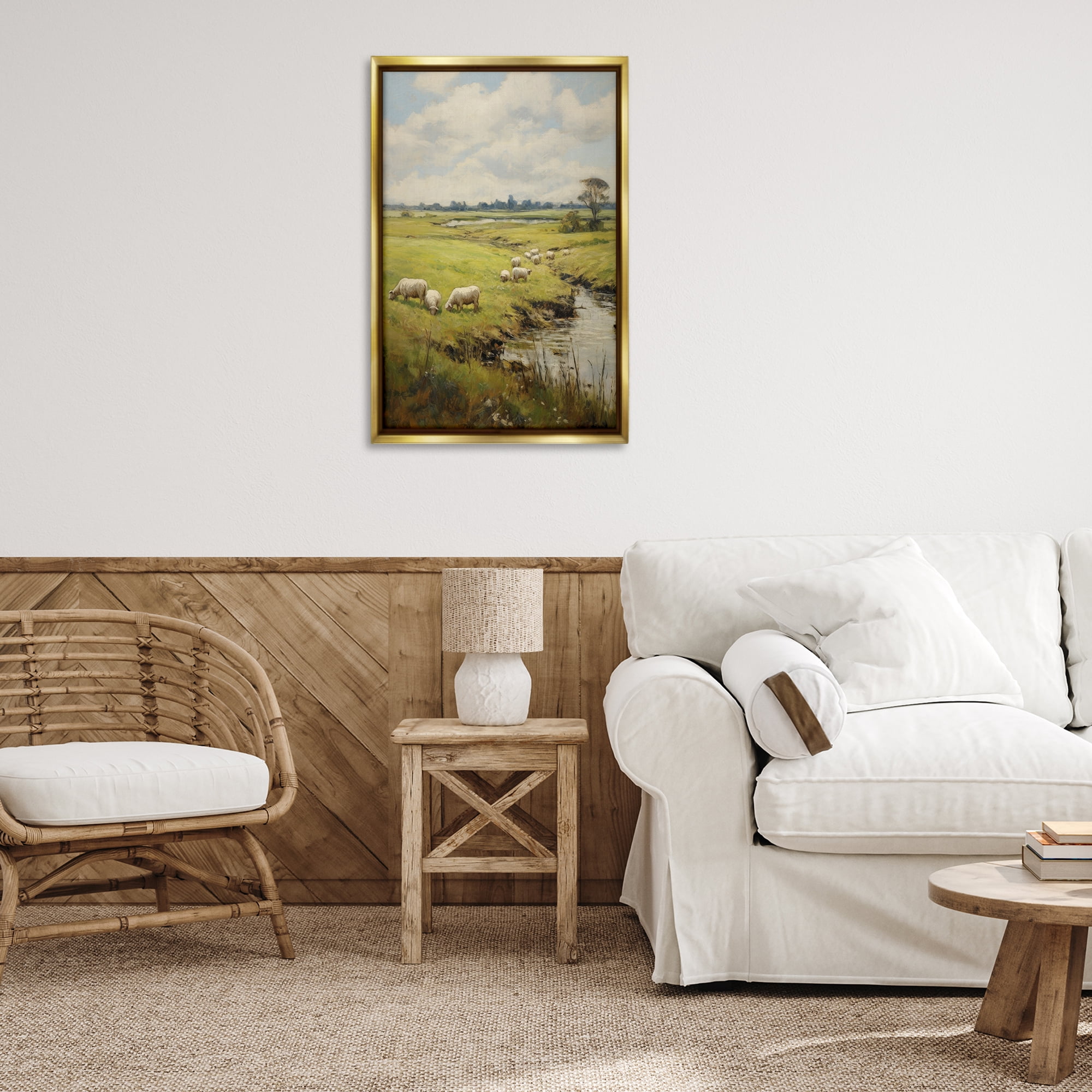 Stupell Industries Grazing Sheep Countryside Landscape Painting Gold Floater Framed Canvas Art Print Wall Art, 21 x 31