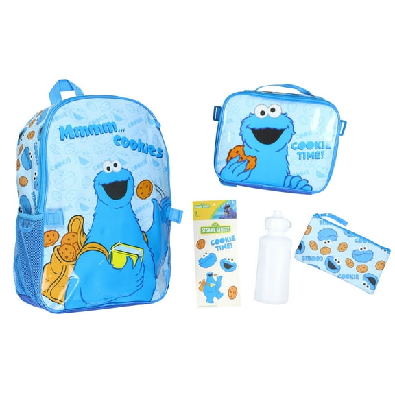 Sesame Street Backpack 5-Piece Mega Set Cookie Time Daypack Bag with Lunch Box Pencil Case Water Bottle and Stickers