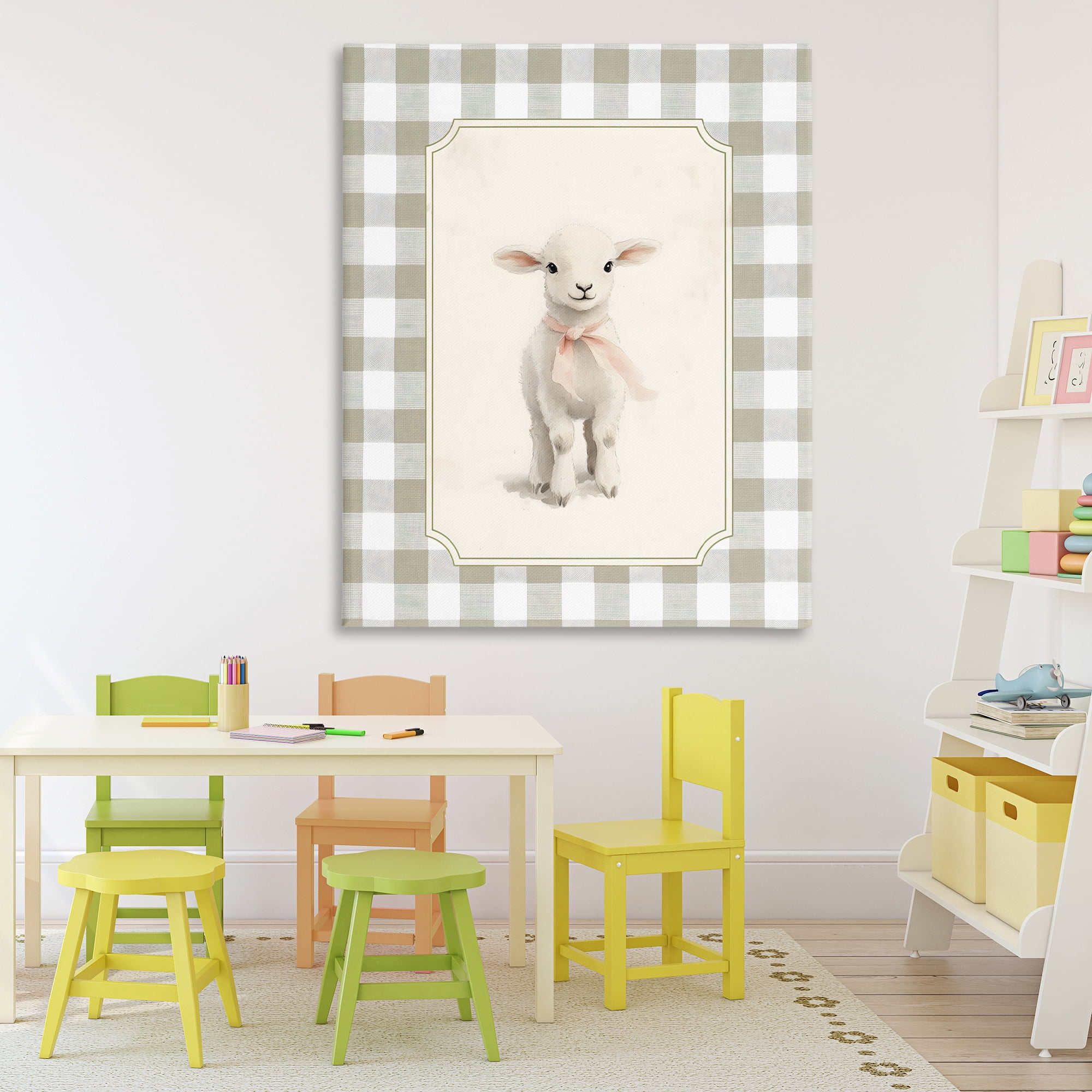 Stupell Industries Gingham Lamb with Pink Ribbon Canvas Wall Art, design by Arlington Prints