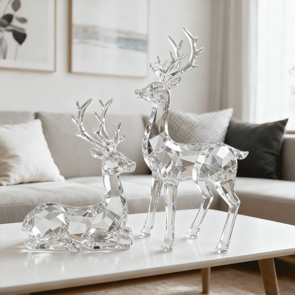 Crystal Clear Acrylic Deer Figurines Set of 2, Modern Standing & Sitting Reindeer Sculpture for Christmas Tabletop Decor, High-End Glasslike Holiday Home Decoration, Gift-ready Elegant Animal Statues