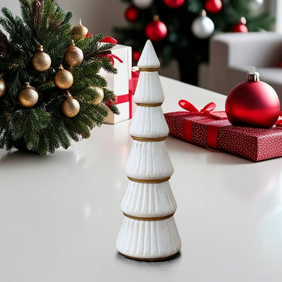 BingTong Christmas Tree Figurine Decor Tabletop White And Gold, 1pcs Wooden Artificial Xmas Tree Decorations, Vintage Christmas Trees For Tables Centerpiece Home Farmhouse Mantel B