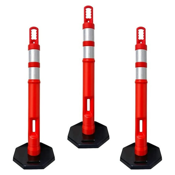 (Pack of 3 Sets) 45" inch Orange Delineator Post Cone with 10 lbs. Rubber Base Heavy Duty, 2 Reflective Bands for Driveway, Parking Cones (Set of 3 (Post & Base))