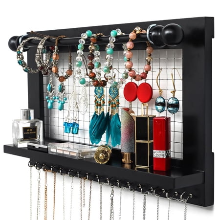 Zimtown Wood Wall Mounted Jewelry Holder with Shelf, Hanging Hook for Necklace,Black