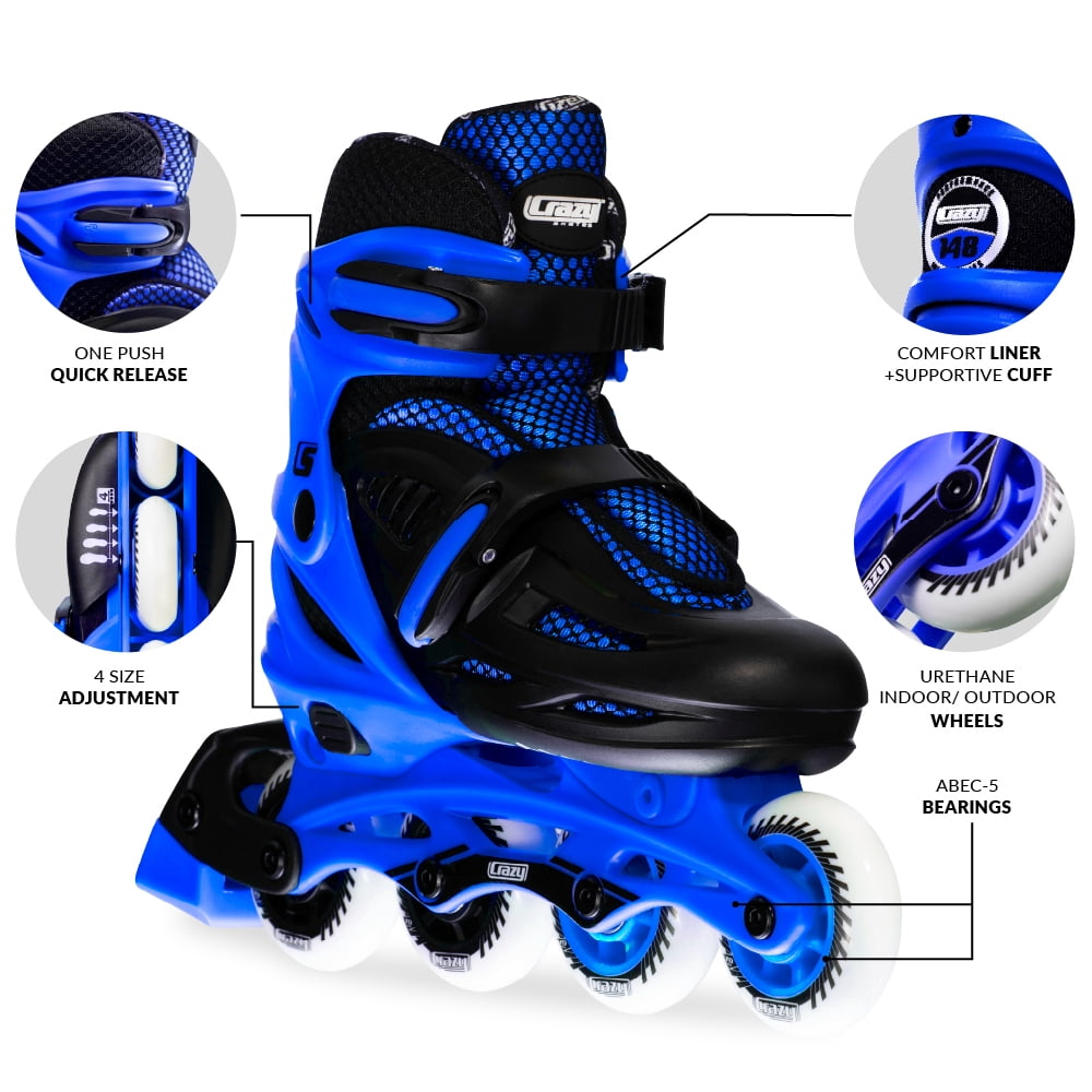 Crazy Skates Adjustable Inline Skates for Girls and Boys - Adjust to fit 4 Sizes