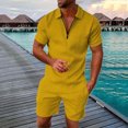thumbnail image 2 of 2 Piece Short Sets for Men Summer Beach Outfits Striped Texture Zipper Shirts & Shorts Casual Vacation Set, 2 of 5