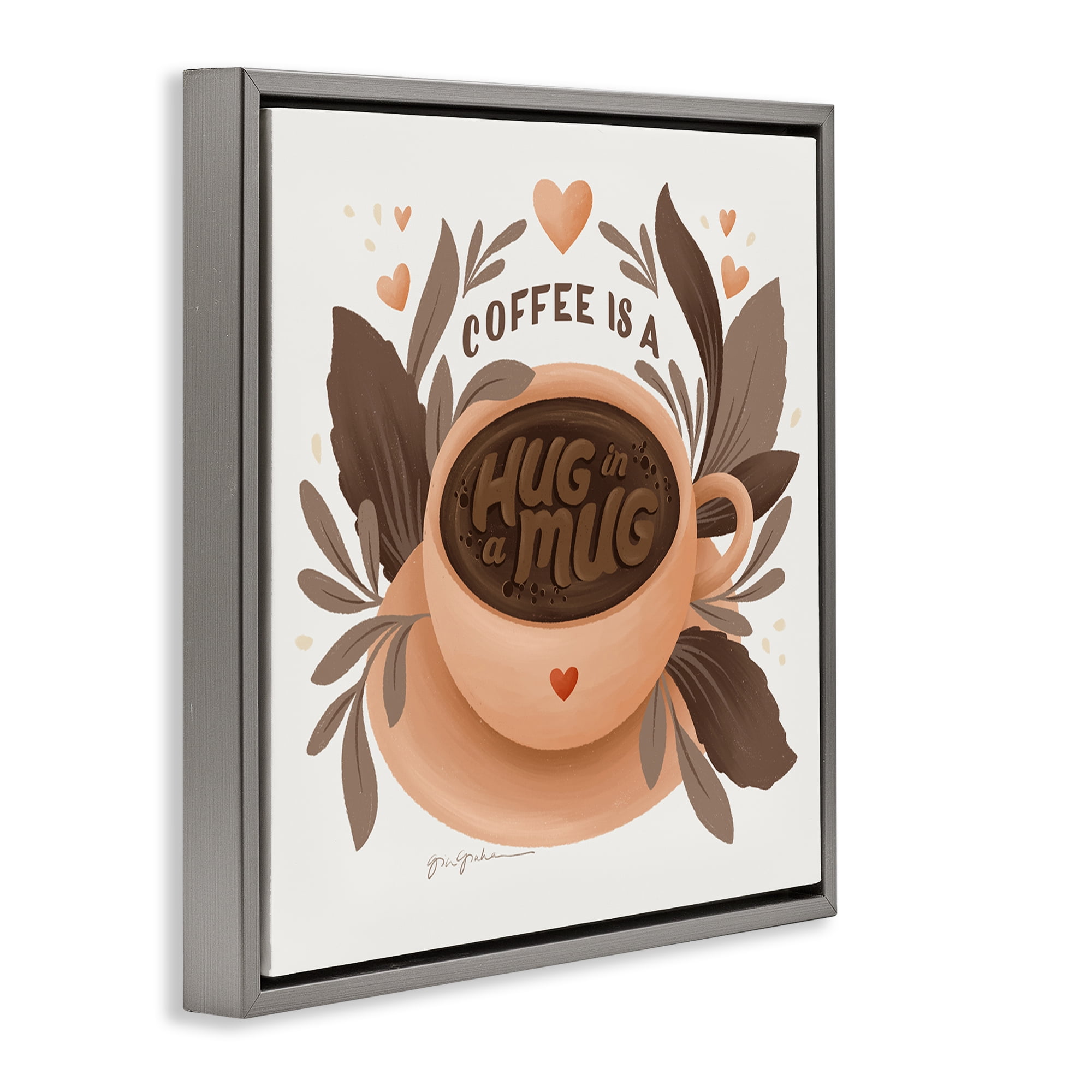 Stupell Industries Coffee Is Hug in Mug Food & Beverage Painting Gray Floater Framed Canvas Art Print Wall Art, 25 x 25