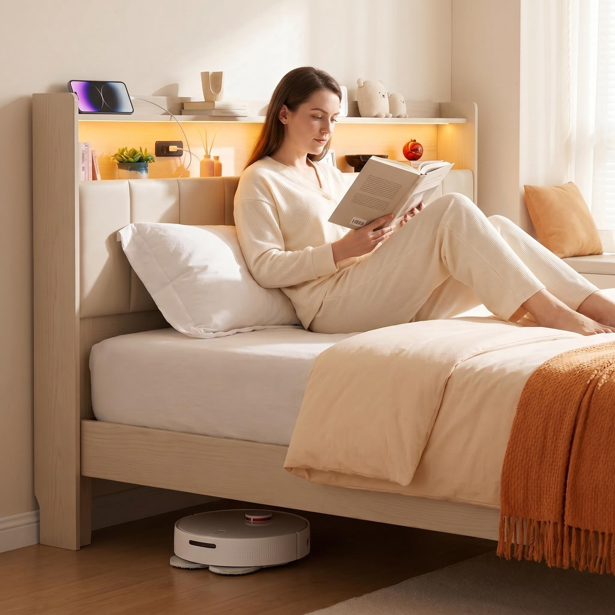 Bed Frame Queen Size , Lofka Queen Bed Frame with Storage & Headboard, USB/Type-C Charging, Smart RGB Lights, Noise Free, Easy Assembly,Beige