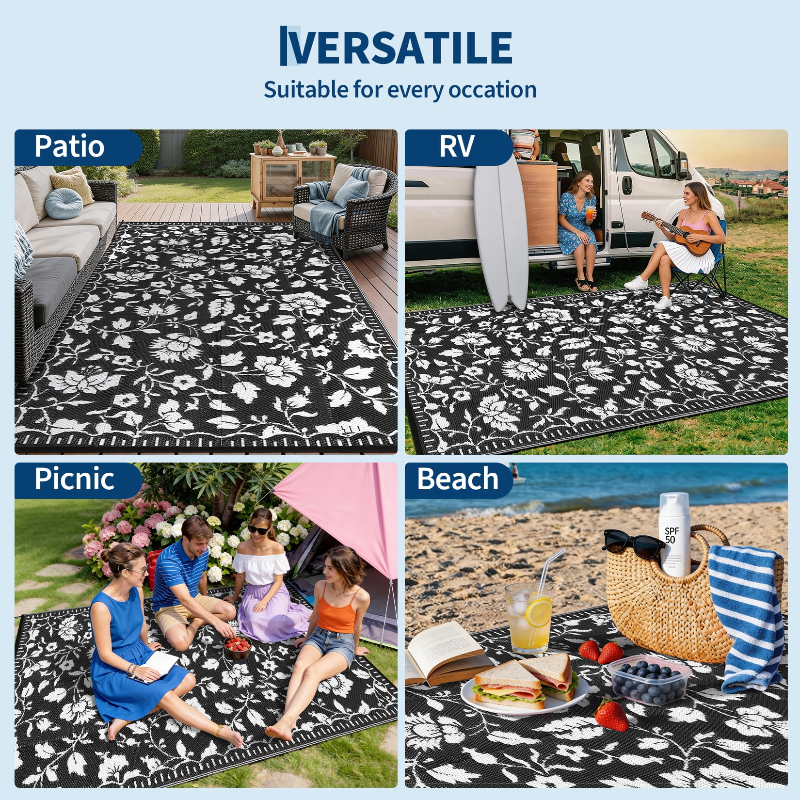 Garvee 6'x9' Outdoor Rug Waterproof Floral Camping Carpet, Reversible Plastic Straw Rug Outdoor Rug for Patio RV Balcony Backyard, Black