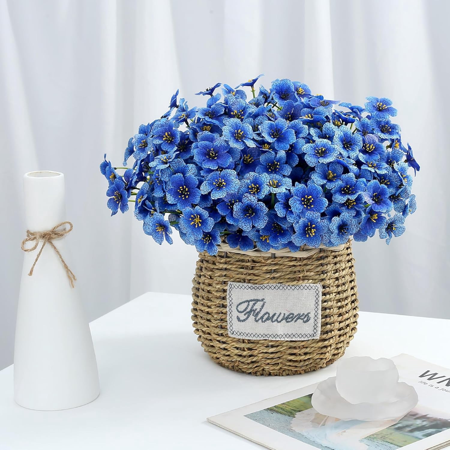16 Bundles Blue Spring Artificial Flowers for Outdoors Fake Spring Flowers Faux Flowers for Planters Garden Window Box