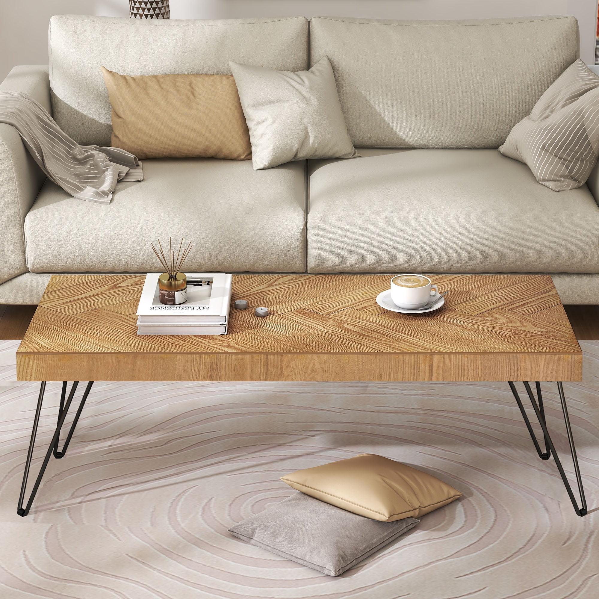 MAYEERTY Modern Coffee Table with Chevron Pattern & Metal Hairpin Legs, Easy Assembly Tea & Cocktail Table for Living Room, Ash Wood Finish