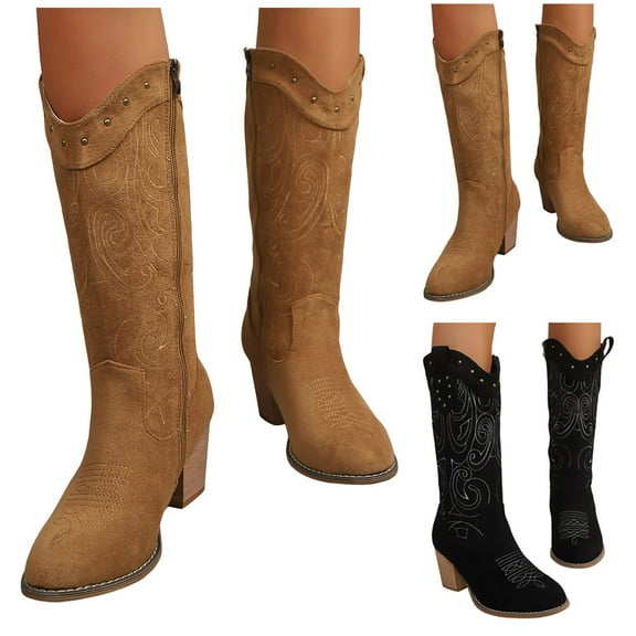 Dakaela Cowboy Boots for Women Cowgirl Western Knee High Boot Suede Chunky Heel Winter Pull on Long Boot Black 6