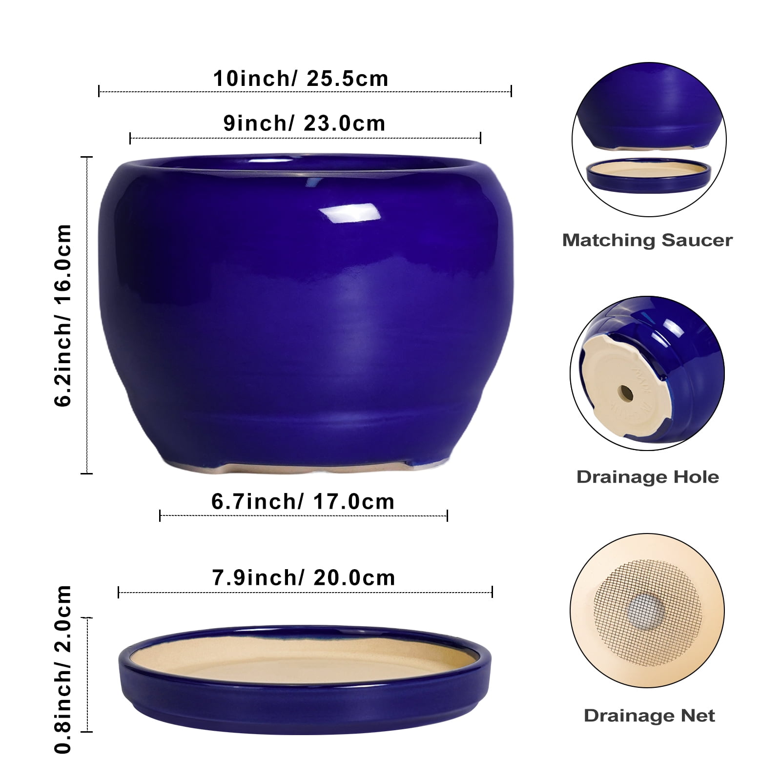 Ordivic 6 inch Cobalt Blue Ceramic Plant Pot with Saucer & Drainage Hole, Small Indoor Flower Planter for Succulents & Herbs, Home Decor
