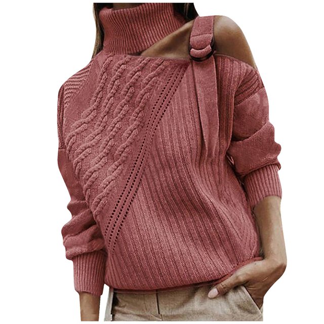 Gibobby SuéTer Para Mujeres Para Frío Moda mujer cuello manga larga fuera del hombro Colorblock suéter de punto Top(Rojo,XG)