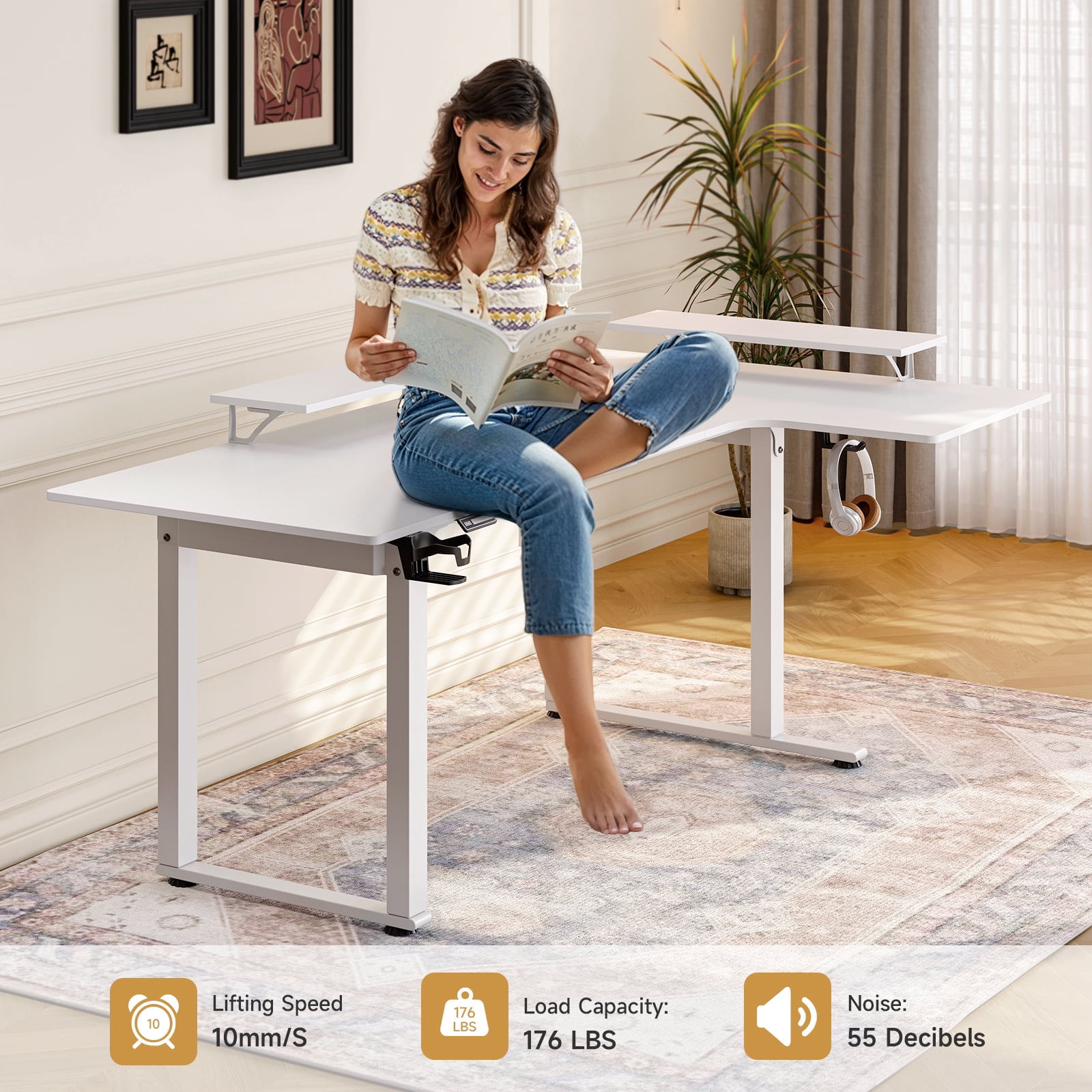 63x43 Inches L Shaped Standing Desk, Electric Stand Up Desk with 2 Adjustable Monitor Shelves, White