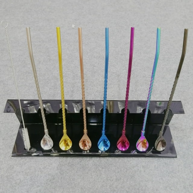 Pajita de acero inoxidable para té con leche, juego creativo de silicona de color 304, cuchara de pajita telescópica de metal chapada en titanio