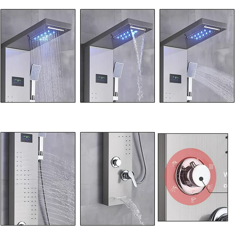 CES Shower Panel Tower System Stainless Steel 5-Function Faucet LED  Rainfall Waterfall Shower Head,Wall Mount Shower Column, Hydroelectricity  Display