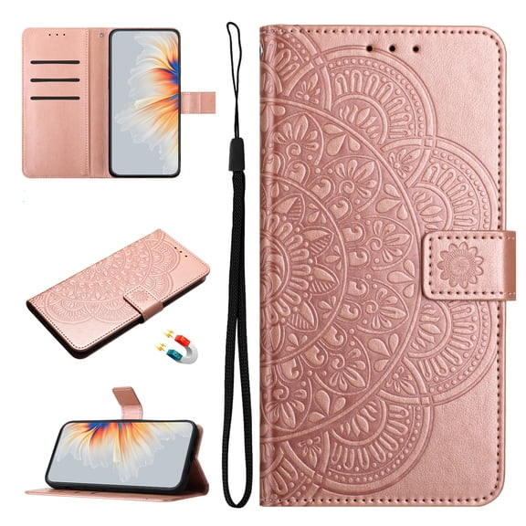 Wallet Case Compatible with Motorola Moto G Stylus 5G 2025, PU Leather Protective Phone Case Wrist Strap, Built-in Card Slots Holder Pocket Emboss Flower Stand Magnetic Flip Folio Case Women,Rosegold