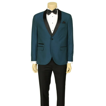 Adam Baker West End by Men's 9-3445 Slim Fit One Button Satin Shawl Collar 2-Piece Tuxedo Suit - Teal -38R