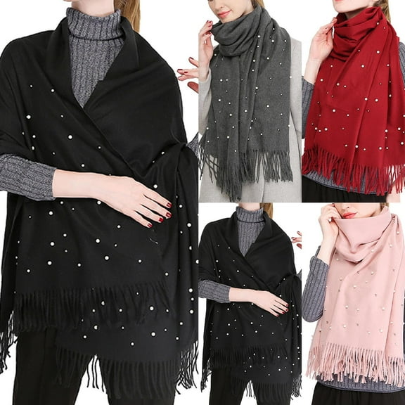 Holiday Gifts! Titcea Winter Scarf for Women Tassels Beaded Solid Color Shawls Wraps Windproof Warm Outdoor Cold Protection Scarves