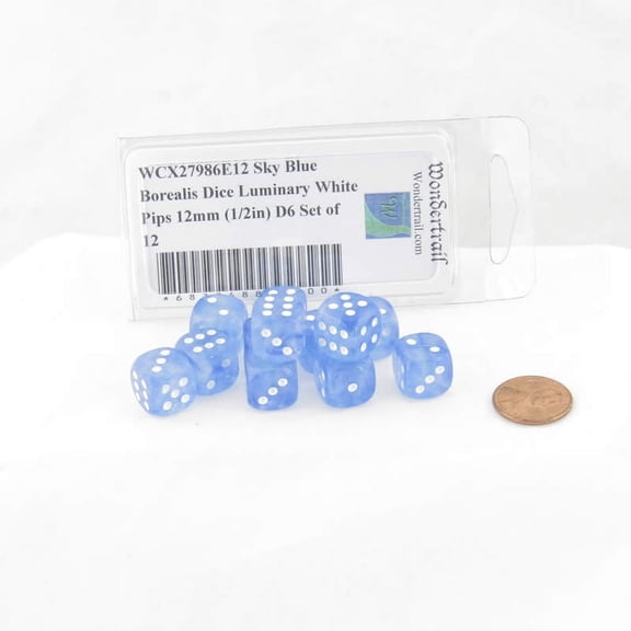 Sky Blue Borealis Dice Luminary with White Pips 12mm (1/2in) D6 Set of 12 Wondertrail