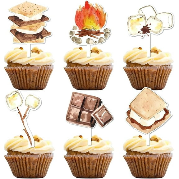 24Pcs Smore Party Decoration Cupcake Topper, S’more Birthday Cupcake Topper Double-sided Printing Campfire Cake Decorations for Boys Girls S’more Theme Camping Birthday Party Baby Shower