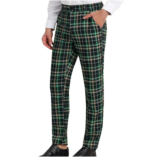 RKSTN Mens Pants Straight Check Print Pocket Casual Suit Button Pants Soft Comfortable Workout Pants