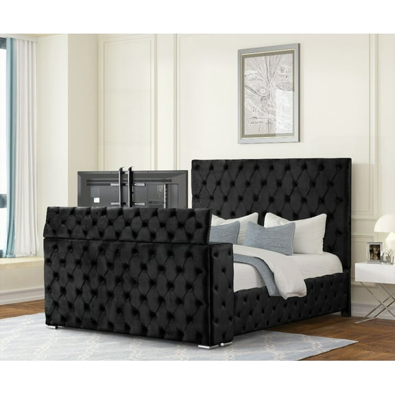 Black Encore Modern Style King Bed with Wood, Footboard Has TV & Electric Fireplace