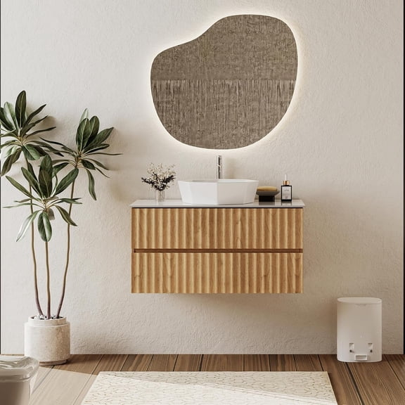 36 inch Floating Bathroom Vanity with Sink, Modern Wall Mounted Bathroom Sink Cabinet with Storage Drawers, Faux Marble Top Ceramic Basin, Soft-Close Design, Nature Wood