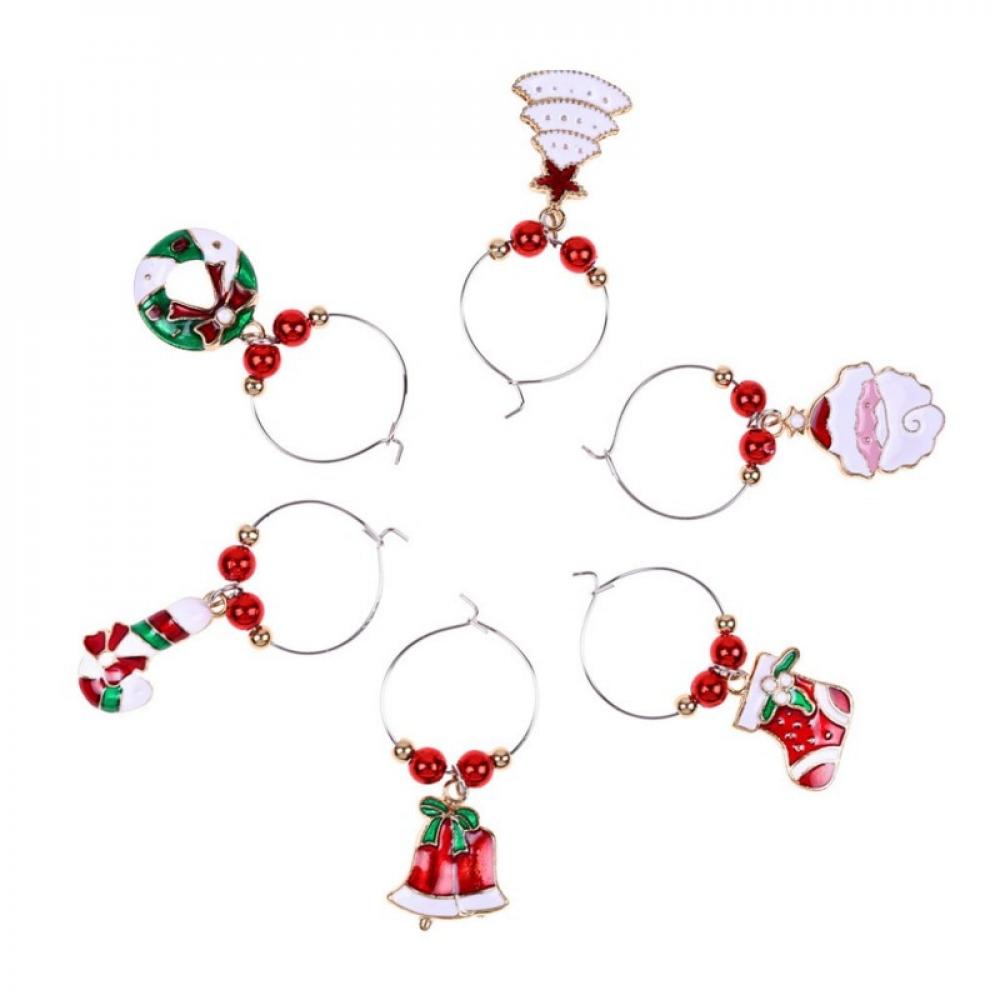 6PCS/Set Christmas Wine Glass Charms Assorted Enamel Charm Pendant Wine Glass Charm Rings Christmas Bells Gold Beads Red Green Beads for Xmas Wine Glass Markers DIY Making Jewelry - image 3 of 6