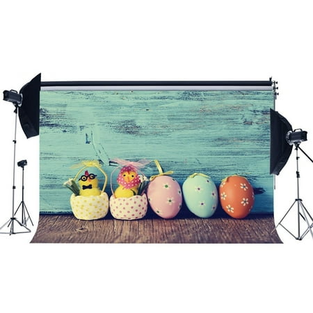 Image of GreenDecor 7x5ft Easter Backdrop Colorful Eggs Cute Yellow Chick Rustic Color Paint Peeled Wood Plank Vintage Grunge Wooden Floor Photography Background Kids Adults Photo Studio Props