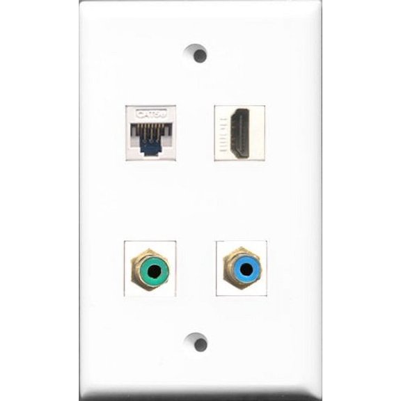RiteAV - 1 Port HDMI and 1 Port RCA Green and 1 Port RCA Blue and 1 Port Cat5e Ethernet White Wall Plate