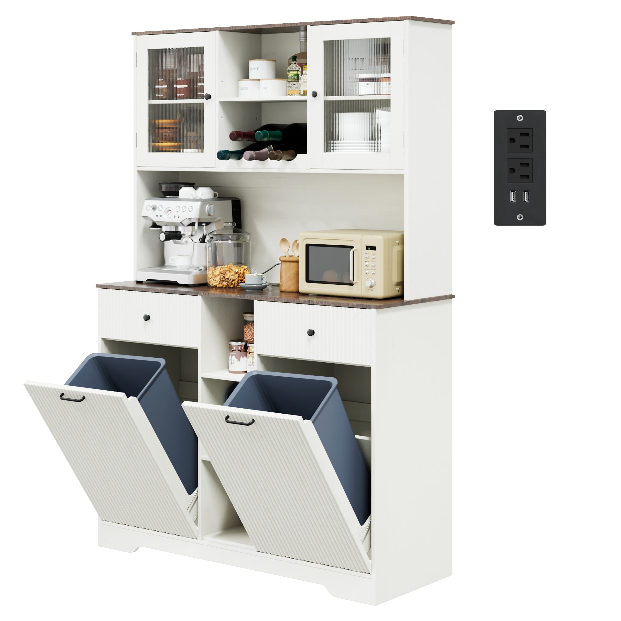 Blotout 47" Wide Kitchen Pantry Storage Cabinet with Charging Station & Microwave Stand, Tall Fluted Kitchen Hutch Cabinet, Double Tilt Out Trash Can Cabinet 10X2 Gallon