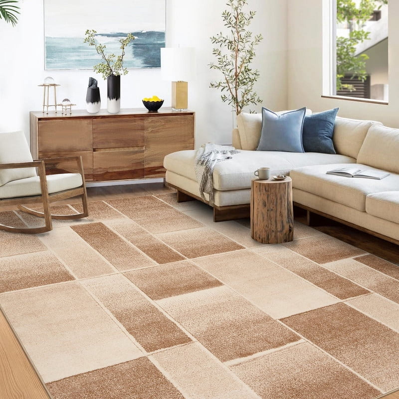 Modern Geometric Patchwork Area Rug 9x12 Large Rugs for Living Room, Soft Throw Carpet Floor Decor for Entryway Dining Room Office Nursery Khaki