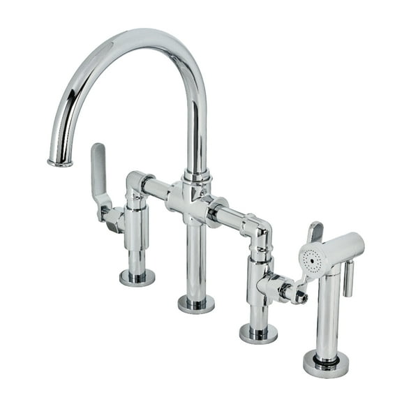 Kingston Brass KS2331KL Whitaker Two-Handle 4-Hole Deck Mount Industrial Style Bridge Kitchen Faucet with Brass Side Sprayer in Polished Chrome